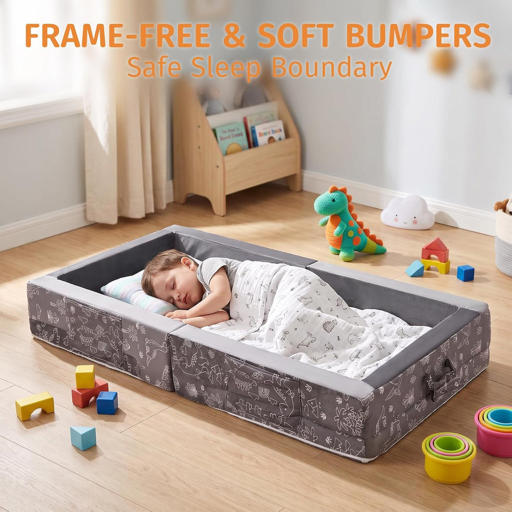 Portable Toddler Travel Bed 2-in-1 Foldable Floor Bed with 2.75" Thick Soft Foam, Machine-Washable Crystal Velvet