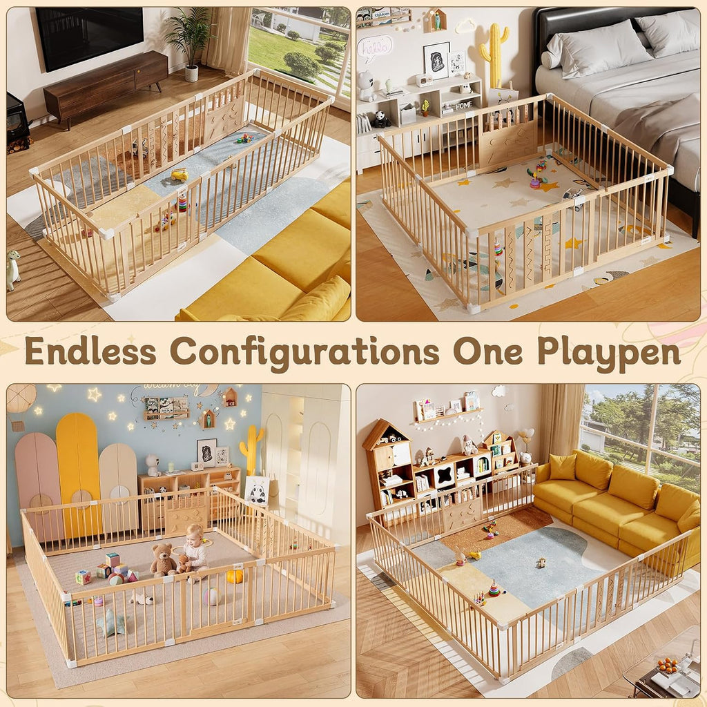 Wooden Baby Playpen, 64"x64" Extra Large Play Yard for Toddlers | Natural Wood Playpen with Child-Proof Lock, Easy