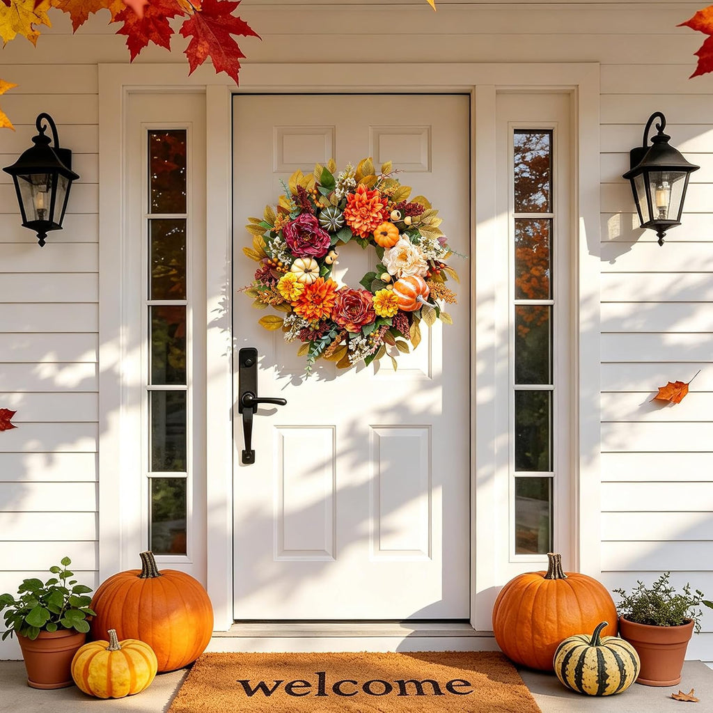 Fall Wreaths for Front Door Outside 24 Inch,Rustic Harvest Autumn Wreath