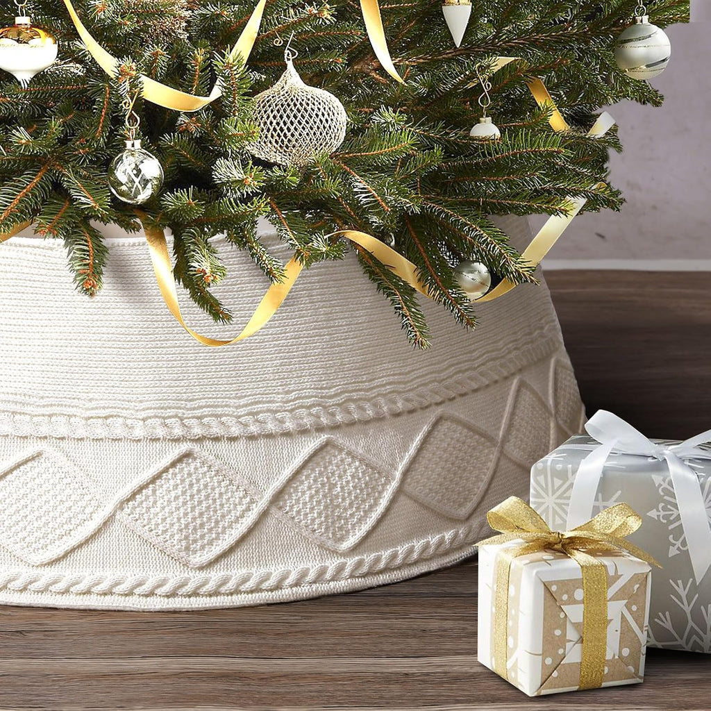 Knit Christmas Tree Collar White 30 Inches Ivory Tree Skirt Ring Tree Basket Plastics Sheets with Collar Cover