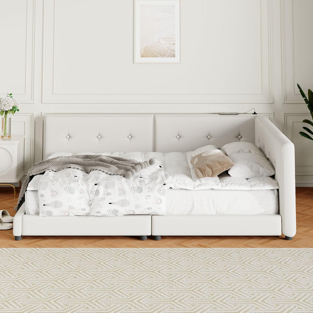 Queen Size Modern Upholstered Platform Bed with USB Ports, Floor Daybed with Wood Slat Support/Queen,Beige