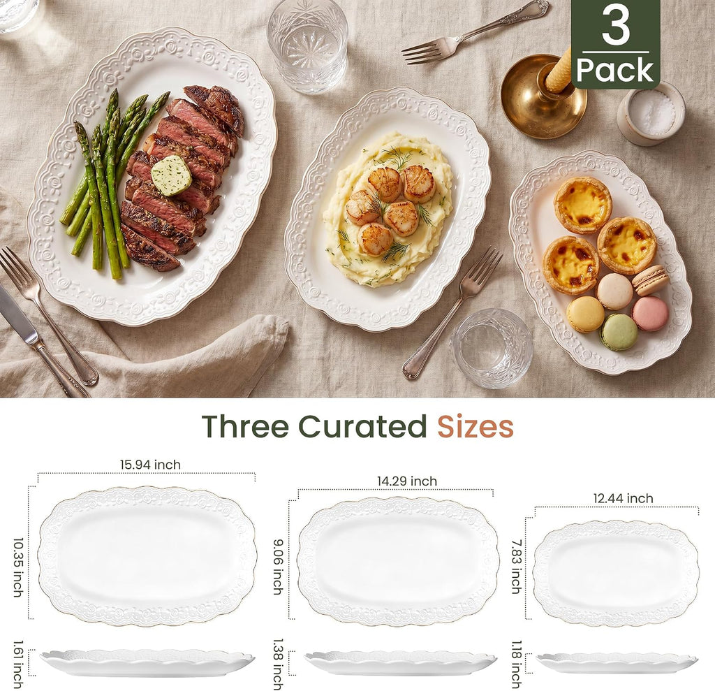 Ceramic Serving Platter Set | 16"/14"/12" Oval Serving Trays for Entertaining at Parties and Weddings | Oven Safe