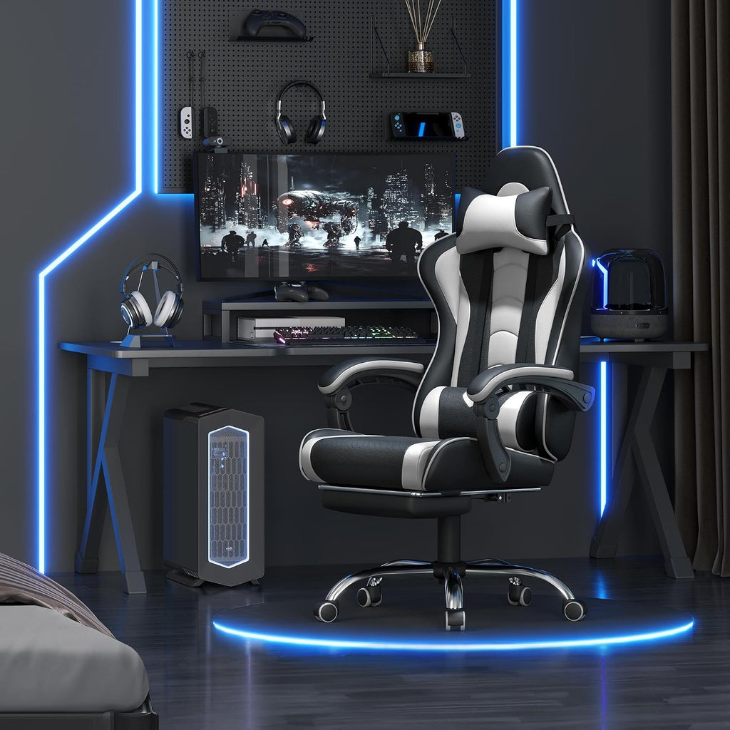 Gaming Chair with Footrest Massage Lumbar Pillow Black and White | Foam-padded PU leather racing seat and plush