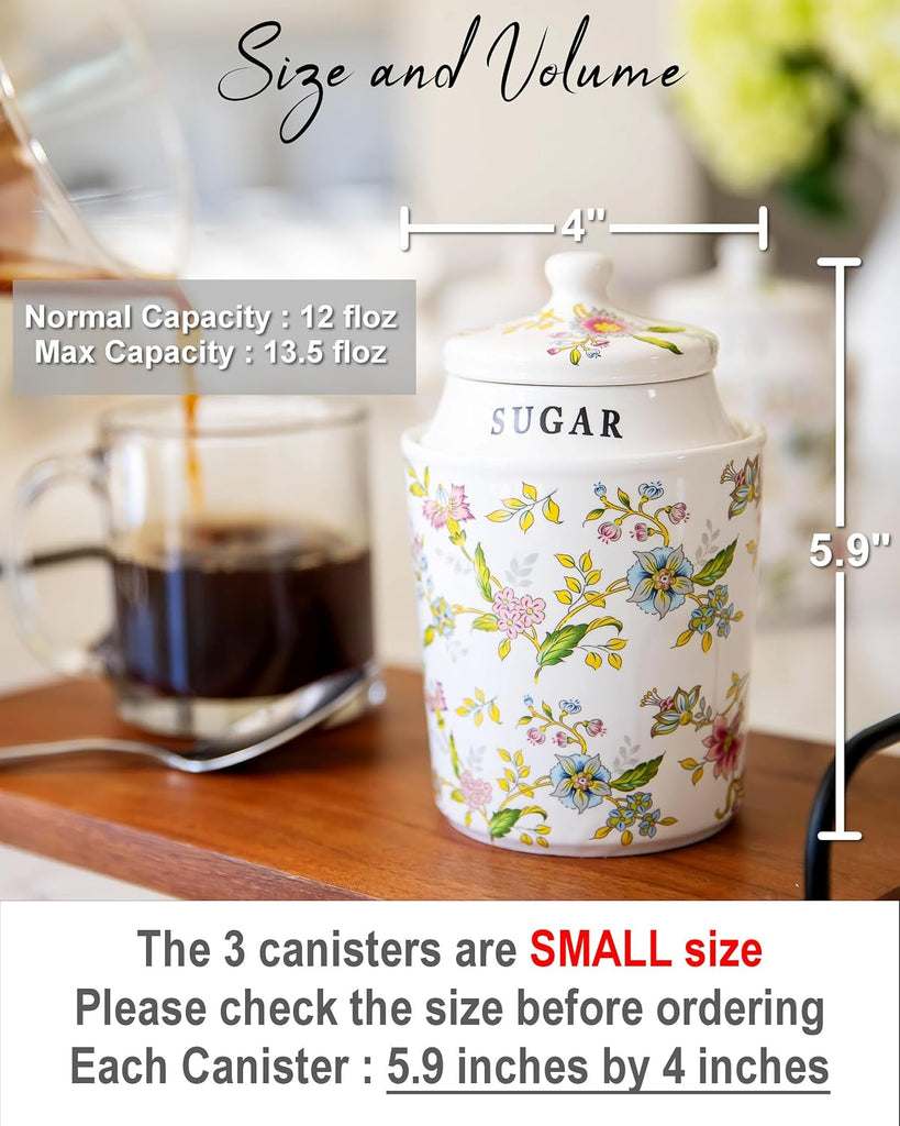 Small Coffee Tea Sugar Canister Set with Airtight Lids - Elegant Flower Kitchen Canisters Pantry Jars - Set of 3