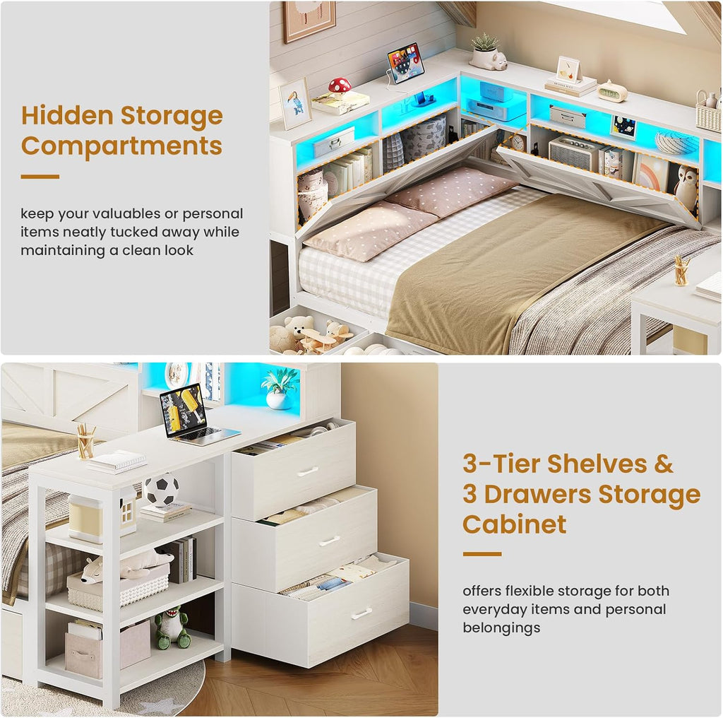 Corner Bed Frame with Desk, Bookcase Headboard, Storage Shelves & 7 Drawers, Farmhouse Twin Size Wood Platform Bed