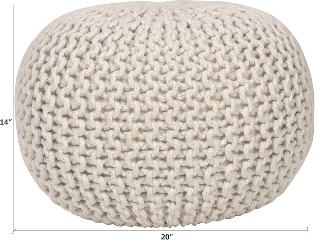 Lola Round Knit Lurex Yarn and Cotton Pouf, Off-White 20x20x14