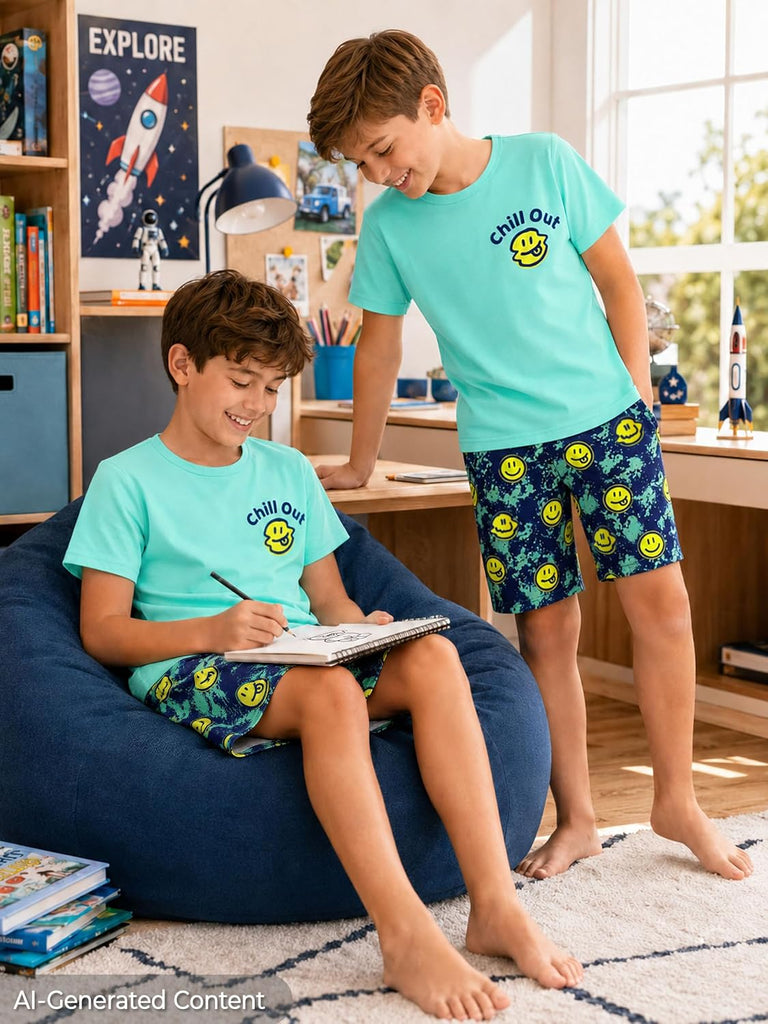 Boys Pajamas, Teal & Navy Face Short-Sleeve and Shorts
