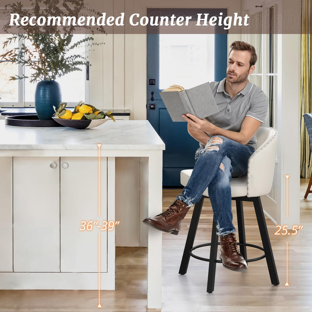 Counter Height Bar Stools Set of 6, 26" Swivel Faux Leather Upholstered Bar Stools with Backs and Metal Legs, Retro