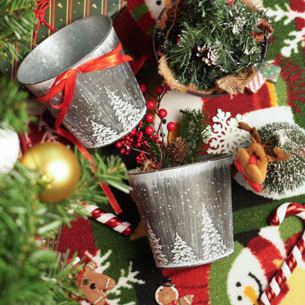 Christmas Galvanized Buckets, Silvery Small Metal Bucket Christmas Ice Buckets, Farmhouse Pails Plants Flowers Tin