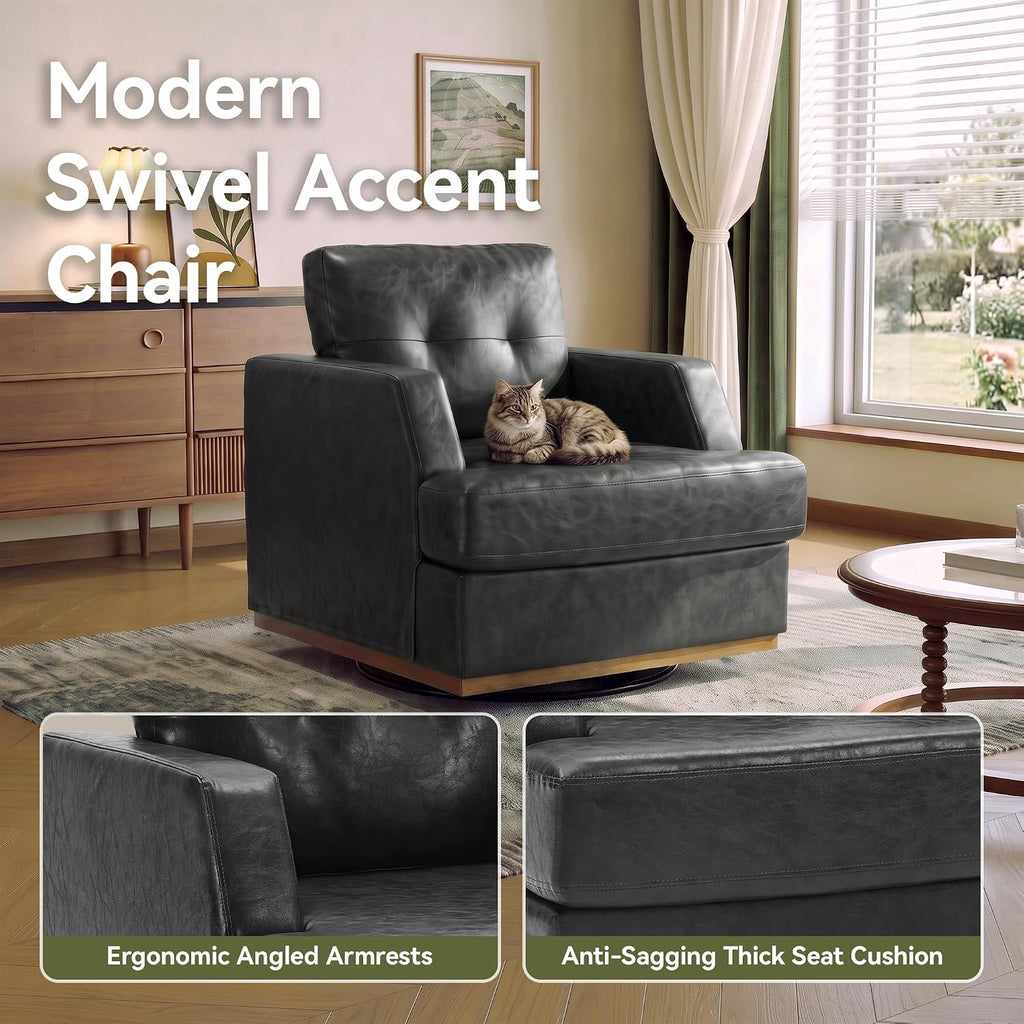 Swivel Accent Chair, 360° Rotatable Square Barrel Chair, Comfy Deep Seat Leather Upholstered Living Room Chairs