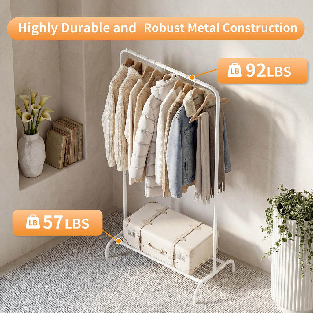 Small White Clothing Rack 2 Pack, Garment Rack No Wheels, Free Standing Clothes Rack with Bottom Shelf for Hanging