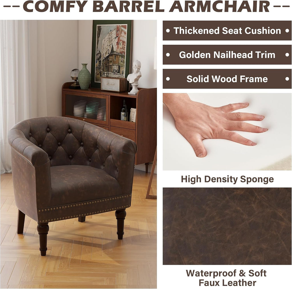 PU Leather Barrel Club Chairs, Modern Accent Chair, Chocolate - Set of 2