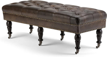 Lacey 41" Wide Vegan Leather Rectangle Ottoman in Saddle Brown | Traditional tufted ottoman bench with nail head trim