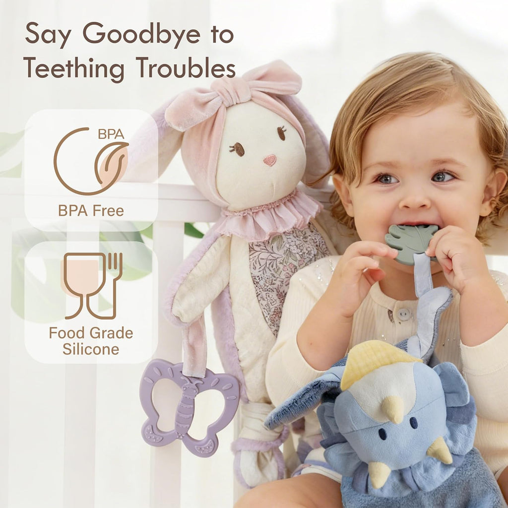 Baby Lovey with Silicone Teether, Bunny Security Blanket with Textured Ribbons, Crinkle Toys, Soft Minky Velour &