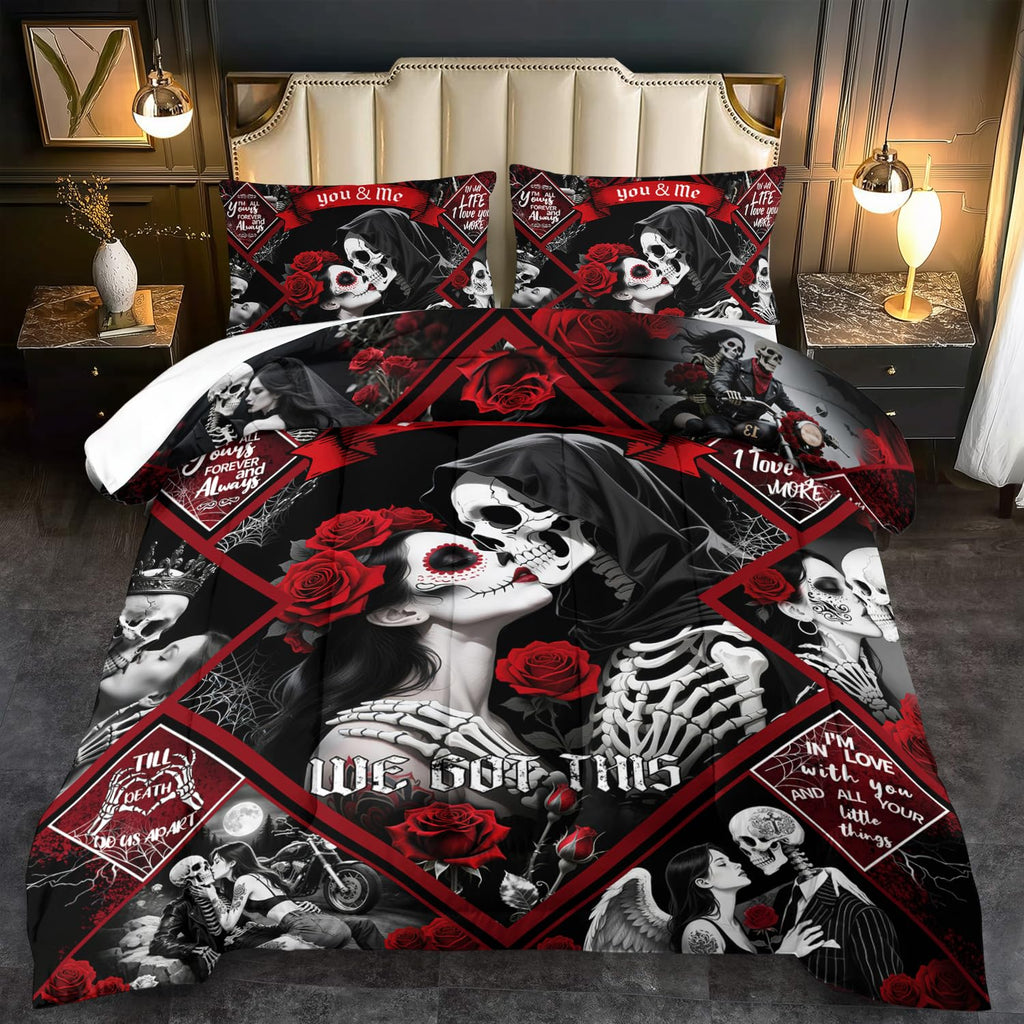 Red Skull Comforter Set Full Size Women Men Black Goth Bedding Set GirlsGothic Full Size Comforter Couple Red Rose