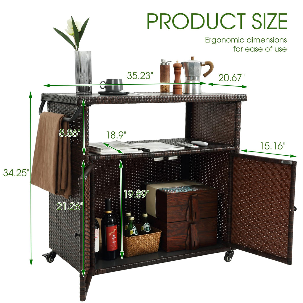 Outdoor Bar Cart with Storage Cabinet, Brown