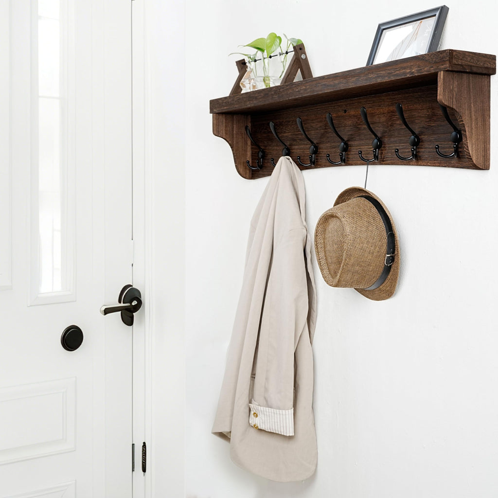 Rustic Coat Rack Wall Mount with Shelf, 35" Long Wall Shelf with Hooks Underneath, 7 Triple Hooks for Hanging