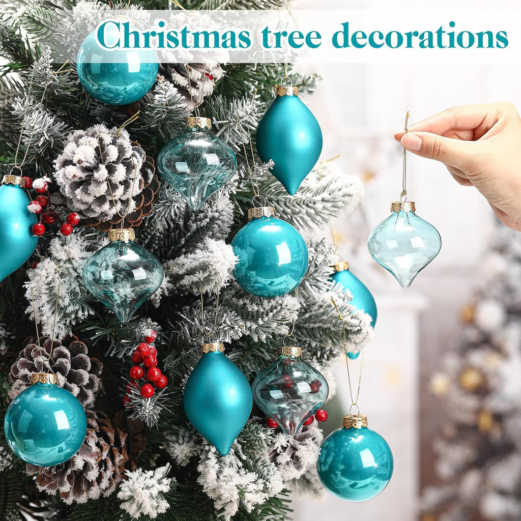 Turquoise Green Glass Christmas Ball Ornaments Set 3.15" - Set of 12