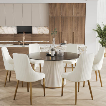 59'' Round Marble Dining Table for 6, Modern Black Sintered Stone Top Kitchen Table with Solid Wood Panel
