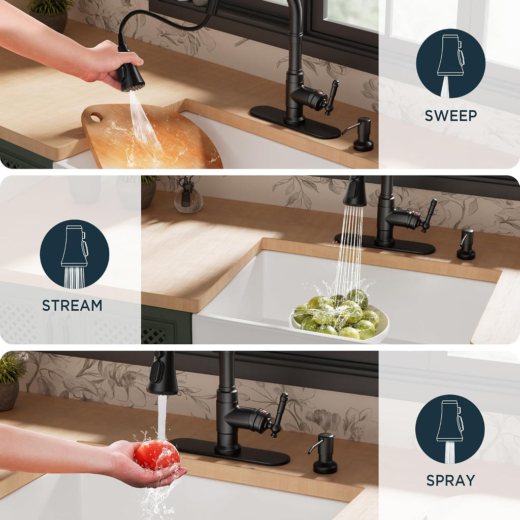 Vintage Kitchen Faucet with Soap Dispenser, Matte Black | High Arc Single Handle, Stainless Steel Sink Faucet with