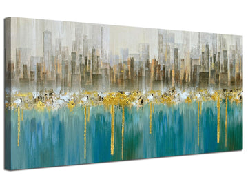 Teal Abstract Cityscape Canvas Wall Art Modern Skyline Gold Textured Painting, Grey Buildings Large Size 48"x24"