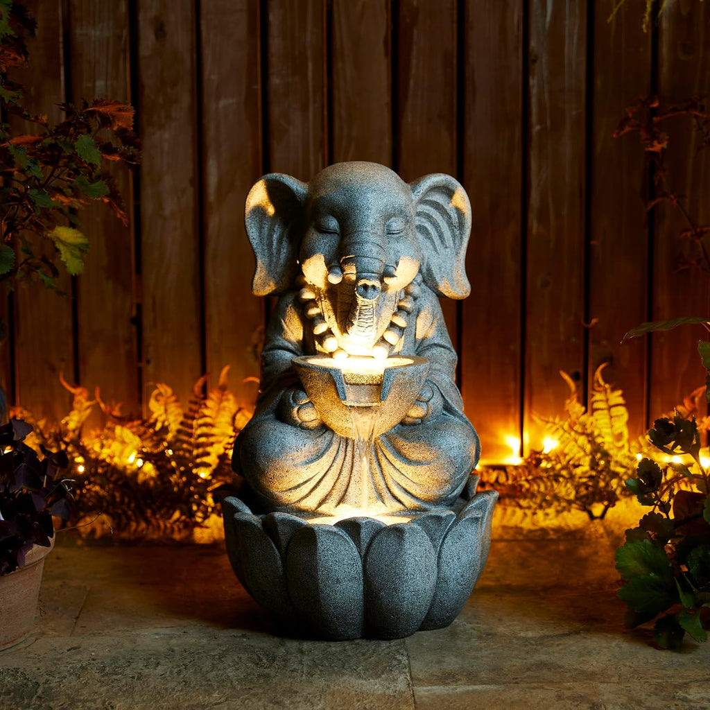 Outdoor Fountains and Waterfalls Zen-Style Concrete Resin Elephant Water Fountains with LED & Pump, Garden Patio