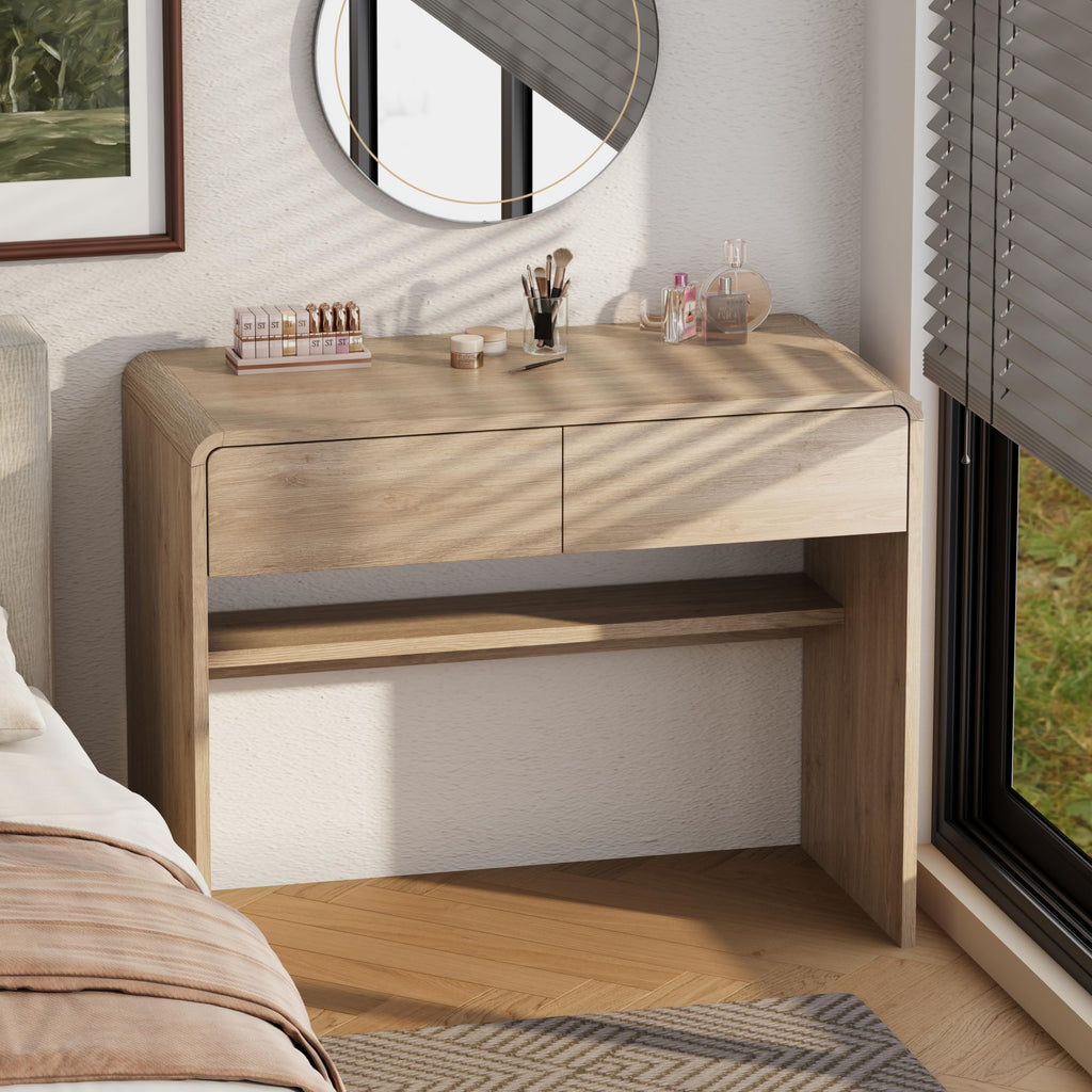 Desk with Drawers, 39.4 inch Small Writing Computer Desk, Modern Makeup Vanity Table, Wood Study Table with Storage