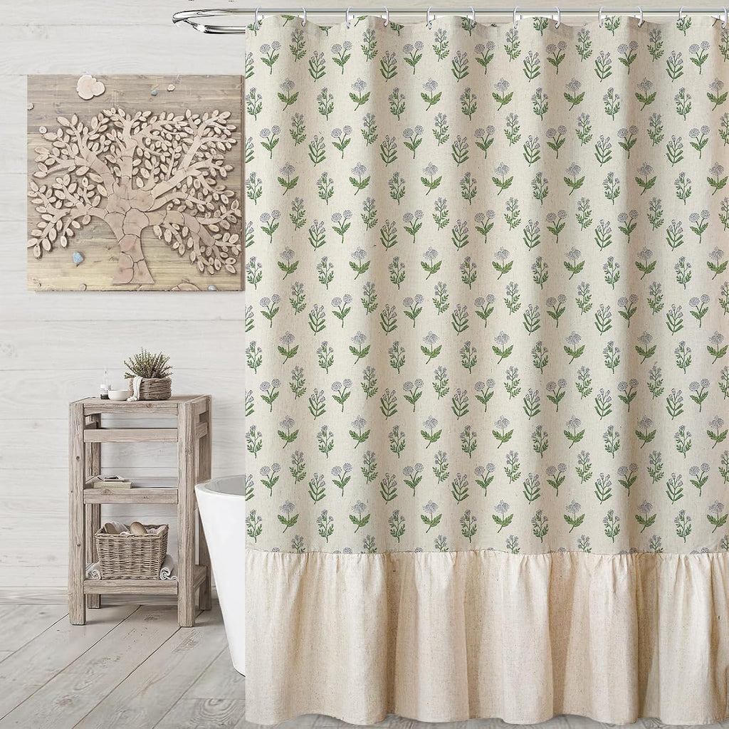 Linen Textured Ruffle Shower Curtain - Vintage Floral Block Print in Beige and Green, Boho Cottagecore Farmhouse