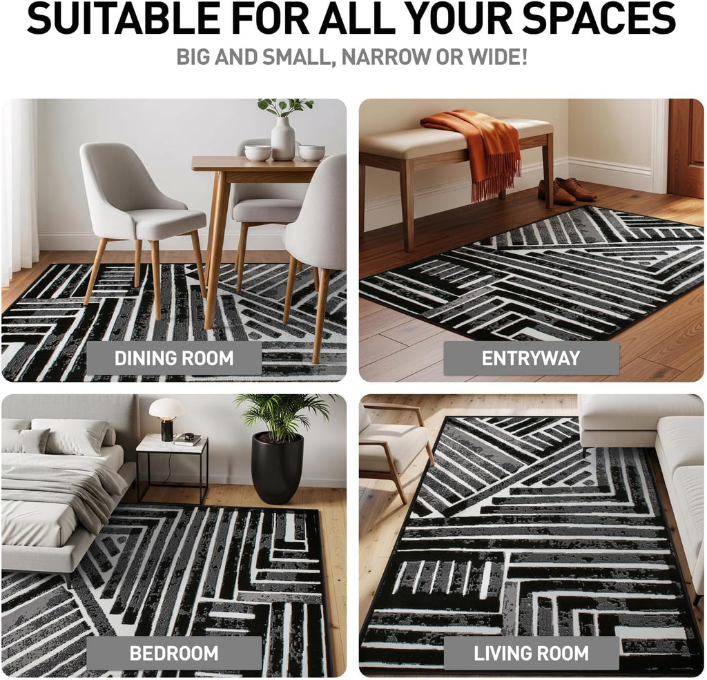 Contemporary Stripe High Traffic Living Room Area Rug Black