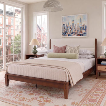 Japanese-Inspired Joinery Bed Frame with Upholstered Headboard
