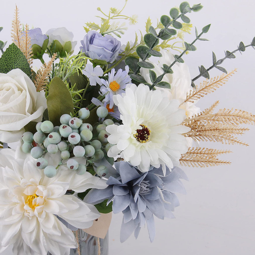 Fake Flowers with Vase, Silk Dusty Blue Rose Hydrangea Artificial Flowers in Vase Faux Dahlia Flowers Arrangement