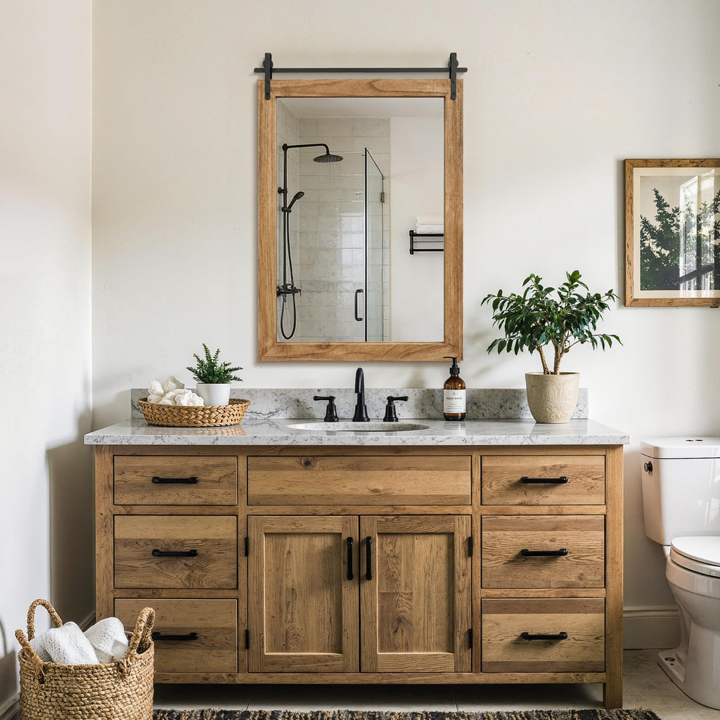 Farmhouse Bathroom Vanity Mirror, 36"x 24" Wood Barn Door Mirror, Light Brown