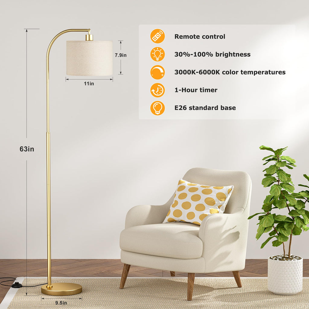 Arc Floor Lamp with Remote and Stepless Dimmable Bulb, Colors Temperature & Brightness Adjustable, Gold Floor Lamps