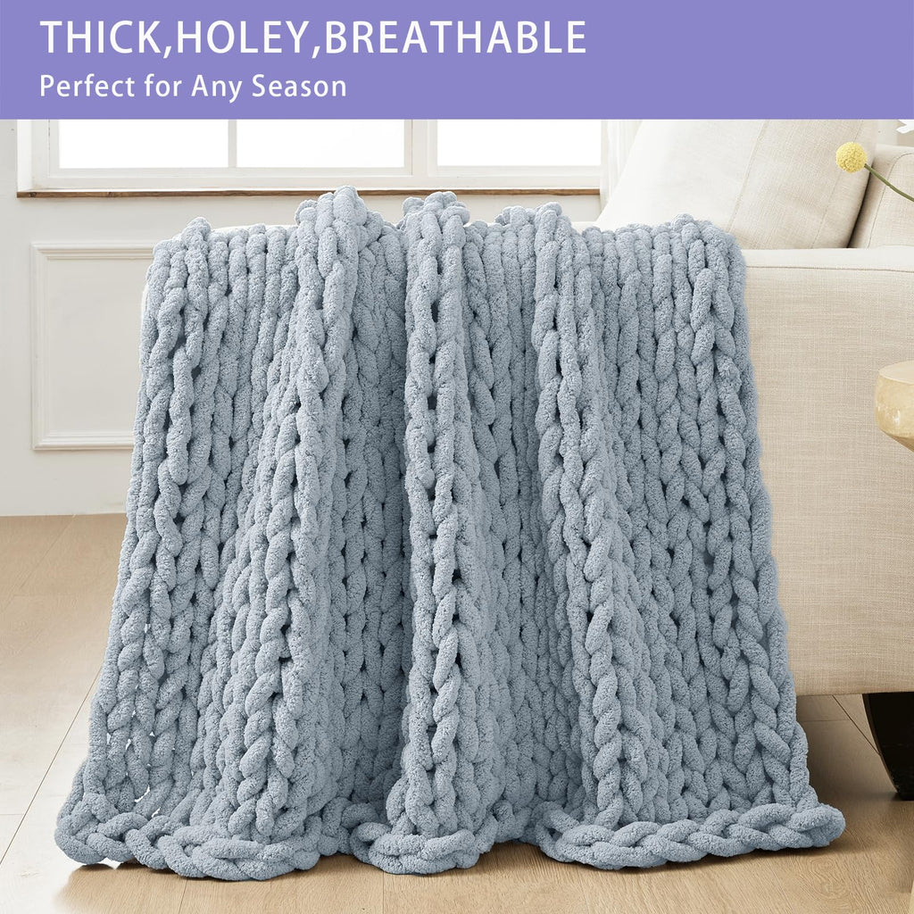 Chunky Knit Throw Blanket for Couch, 40x40 inches, Fog Blue