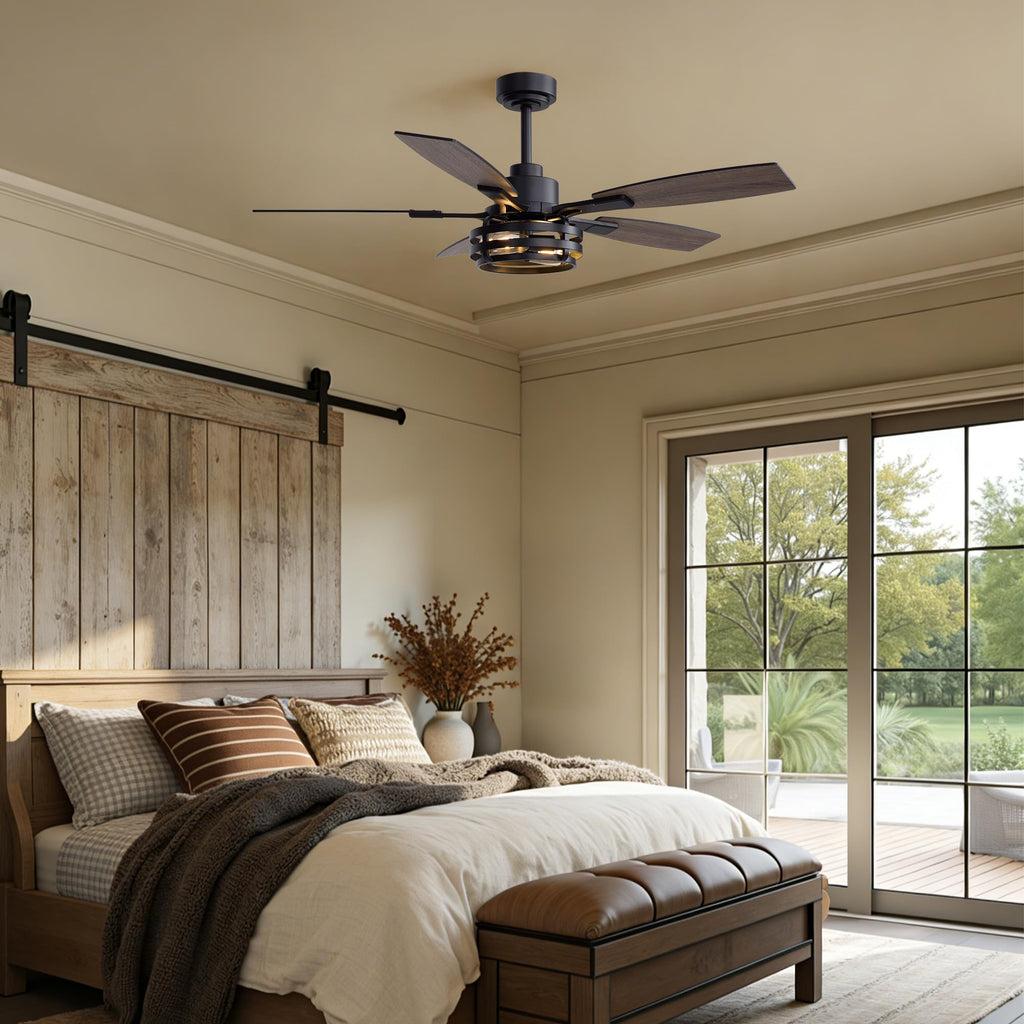 52 Inch Farmhouse Ceiling Fan with Lights, Rustic Ceiling Fan with Remote Control, Quiet Reversible Motor, Black