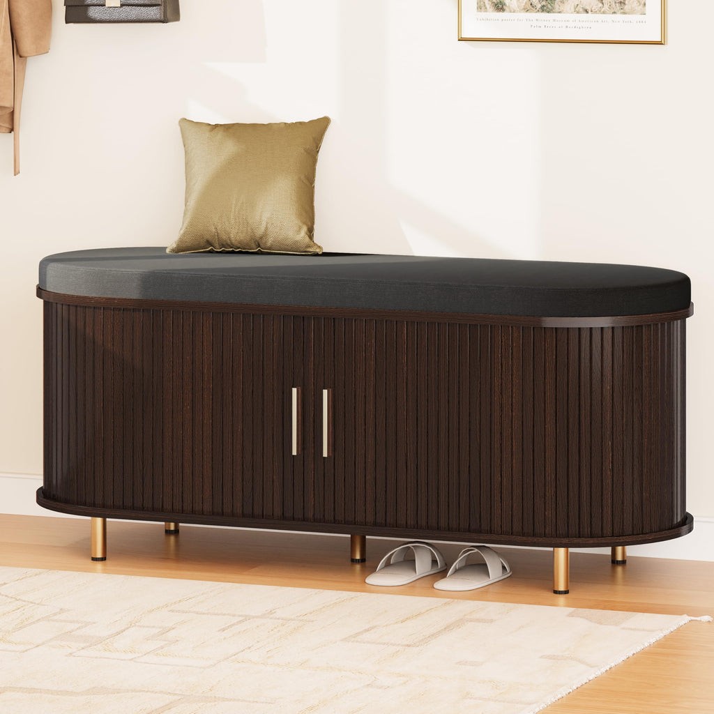 2-Tier Storage Bench, Wide Shoe Bench with Thickened Padded Seat Cushion, Mid Century Modern Fluted Sliding Door and