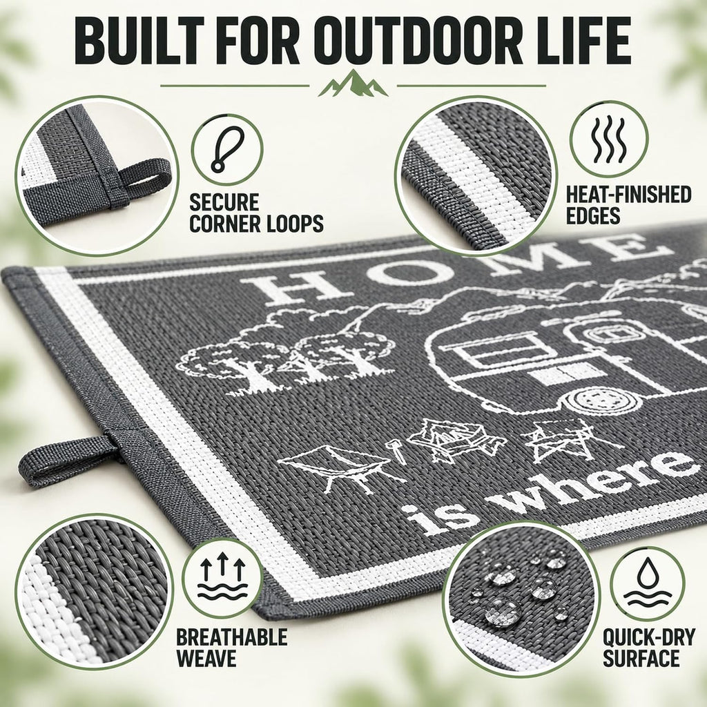 9x12 FT RV Outdoor Rug - Home is Where We Park It Reversible Camper Mat - Waterproof Plastic Straw Camping Rug with