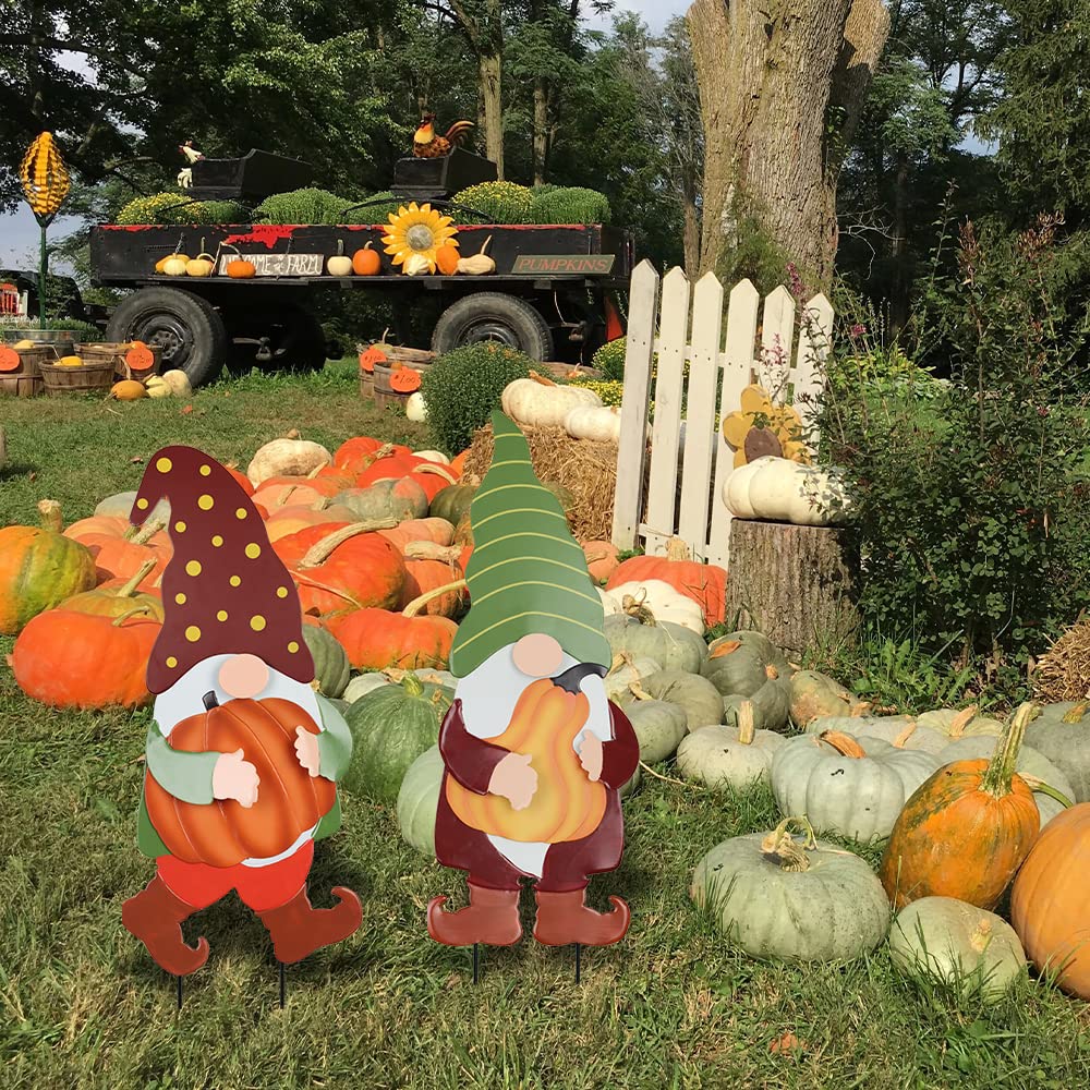 Fall Decorations Outdoor, 2 Pack 25" Decorative Garden Stakes with Gnomes Pumpkin for Fall Decor, Metal Yard Signs