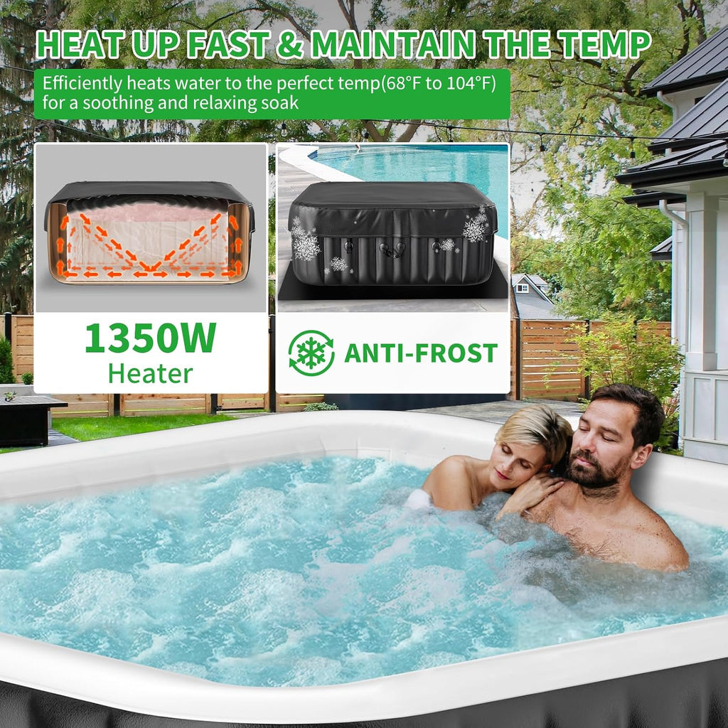 Inflatable Blow Up Hot Tub, 4-6 Person Square Portable Hot Tub, Leak-Proof PVC Outdoor Spa with 130 Strong Air Jets