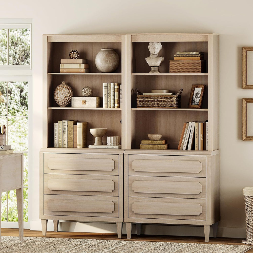 72.8" Tall Bookshelf with Drawers, 5 Tier Large Bookcase, Beige | Mid Century Modern Wood Book Shelf with Storage