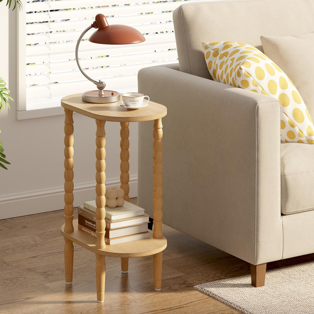 Narrow Side Table with Solid Wood Legs, Oval End Table Set of 2