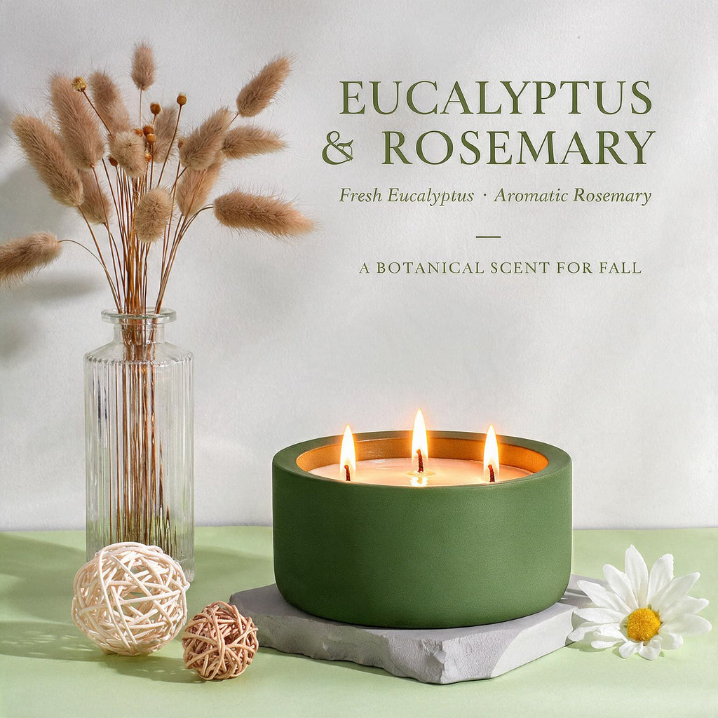 20oz Large Fall Decorative Candle - Eucalyptus & Rosemary, 3 Wick Non Toxic Soy Candle for Women & Men, Matte Green