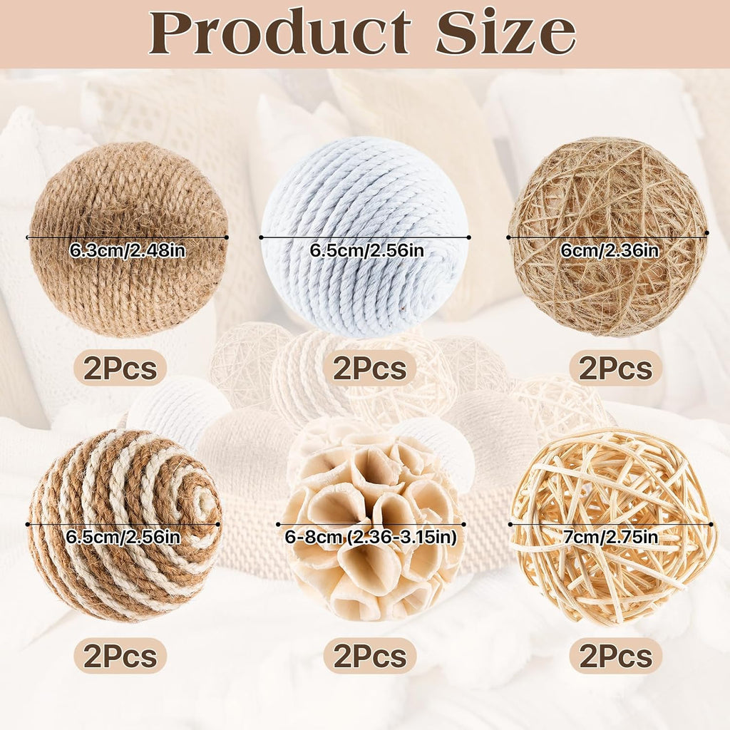 Decorative Balls for Bowls, Assorted Bowl Fillers Vase Fillers for Centerpieces, Natural Rattan Wicker Jute - Set of 12