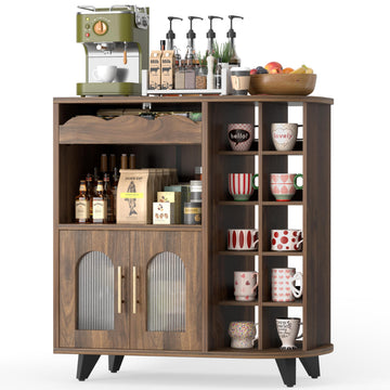 Coffee Bar Cabinet with 24-Cup Display, Large Drawer & Storage, Modern Buffet Sideboard, Medium Wooden Bar Station