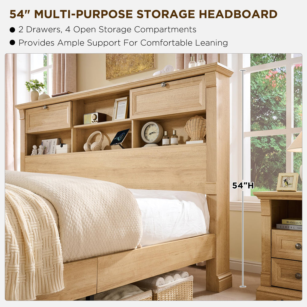 Farmhouse Bed Frame with Charging Station, 2 Footboard Drawers