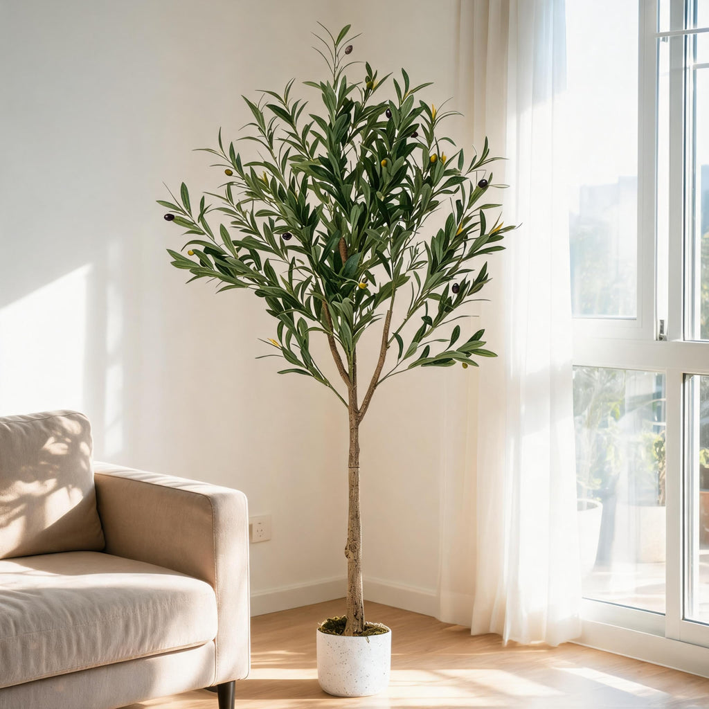 Olive Trees Artificial, 4.5 ft Faux Olive Tree with White Planter, Artificial Plants with Realistic Leaves and Fruits