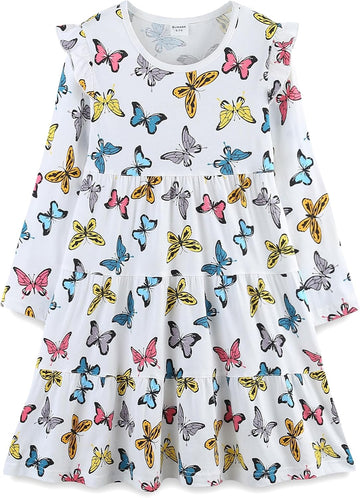 Girl's Dresses Cotton Ruffle Sleeve Tiered Swing A-Line Cute Midi Casual Sundress