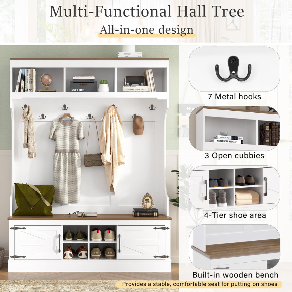71''H Farmhouse Hall Tree with Bench and Shoe Storage, White