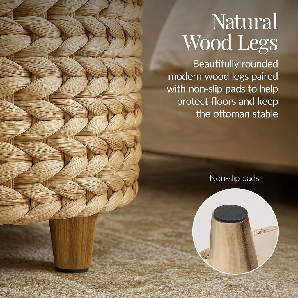 17" Round Storage Ottoman W/Lid, Handwoven Water Hyacinth Footstool, Footrest w/Wooden Legs, Accent Side Table
