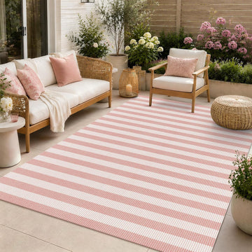 Washable Pink Woven Area Rug, Natural Striped Cotton Living Room Rugs Low Plie Non-Slip Outdoor Patio Rug, Modern